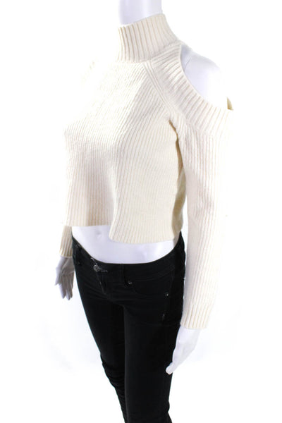 Nicholas Womens Ribbed Cropped Cold Shoulder Turtleneck Sweater Ivory Size Small