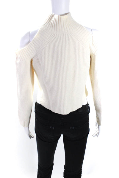 Nicholas Womens Ribbed Cropped Cold Shoulder Turtleneck Sweater Ivory Size Small