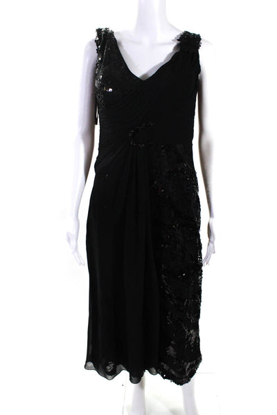 VM Collection Womens Embroidered Sequined Draped Round Accent Gown Black Size 6