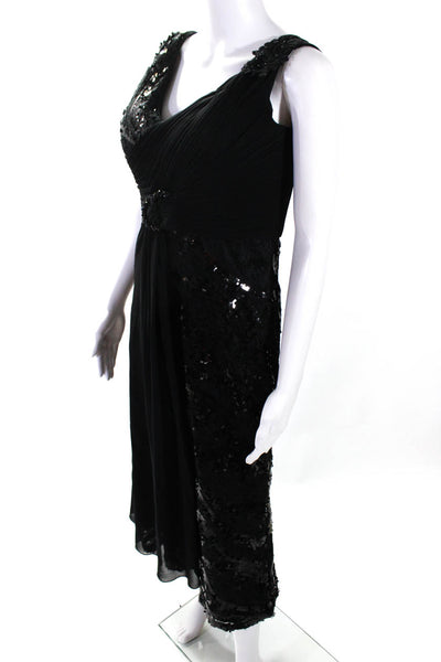 VM Collection Womens Embroidered Sequined Draped Round Accent Gown Black Size 6