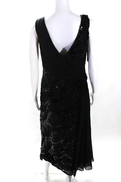 VM Collection Womens Embroidered Sequined Draped Round Accent Gown Black Size 6