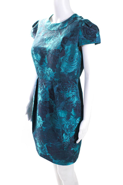 Carmen Marc Valvo Womens Floral Print Pleat Short Sleeve Midi Dress Blue Size 8