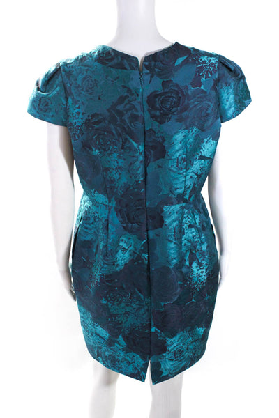 Carmen Marc Valvo Womens Floral Print Pleat Short Sleeve Midi Dress Blue Size 8