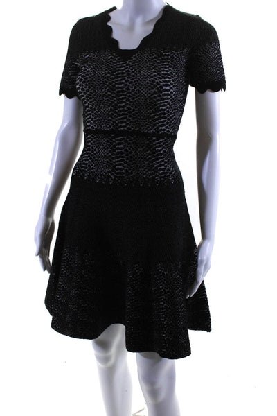 Yigal Azrouel Womens Black Textured V-Neck Scalloped Fit & Flare Dress Size XS