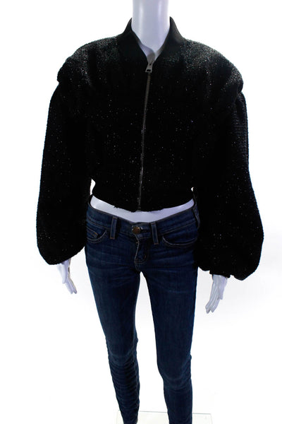 Meimeij Womens Glitter Print Ruched Zip Cropped Puffer Jacket Black Size EUR40