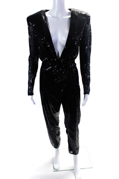 The Attico Womens Sequined Long Sleeve Plunge Tapered Leg Jumpsuit Black Size 38