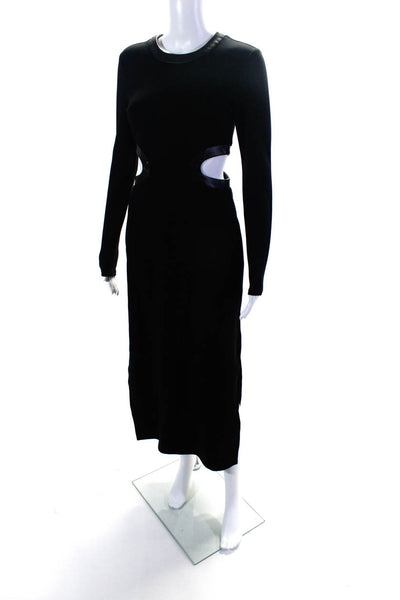 Staud Womens Faux Leather Trim Long Sleeved Cutout Slit Maxi Dress Black Size S