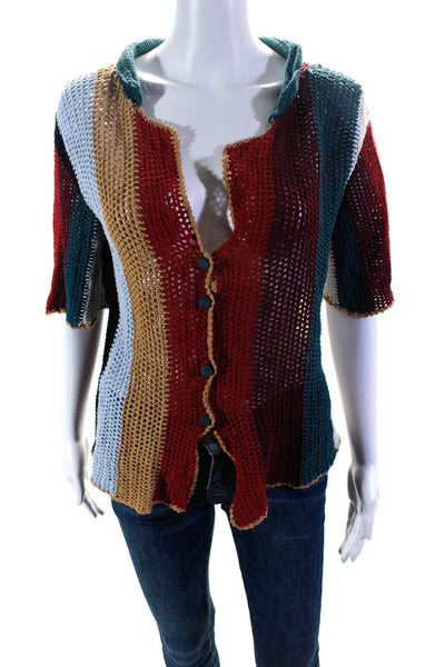Agua Bendita Womens Striped Open Knit Short Sleeved Buttoned Top Red Blue Size L