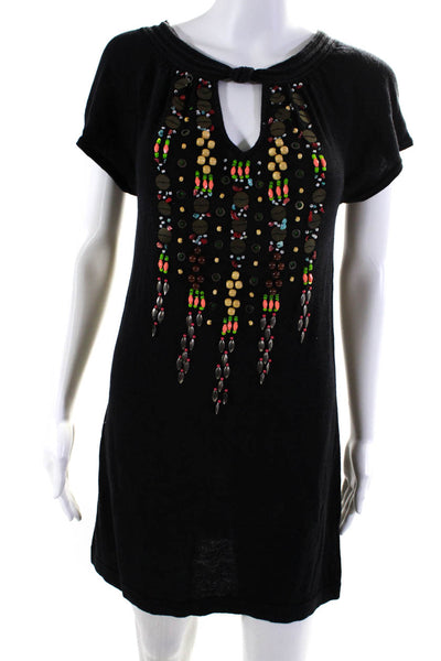 Nanette Lepore Womens Silk Linen Knit Beaded Key Hole Shift Dress Black Size S