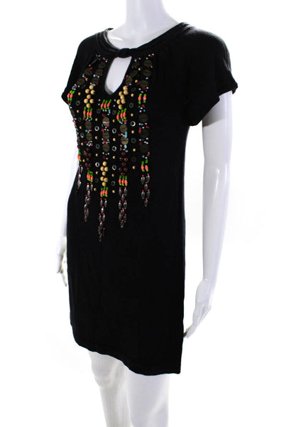 Nanette Lepore Womens Silk Linen Knit Beaded Key Hole Shift Dress Black Size S