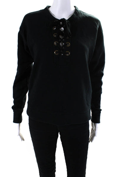 Mother Womens Cotton Crew Neck Lace Up Long Sleeve Sweatshirt Black Size XS