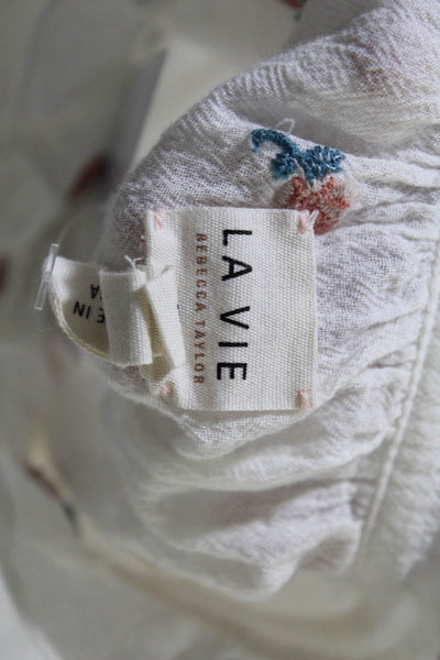 La Vie Women's Cotton Floral Print Long Sleeve Ruffle Trim Blouse White Size M