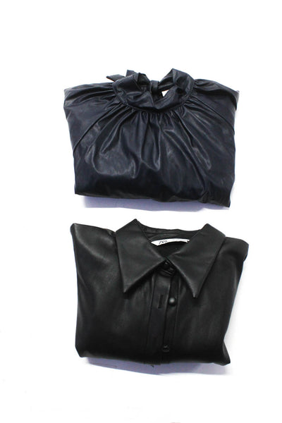 Zara Women's Button Down 3/4 Sleeves Faux Leather Blouse Black Size S Lot 2