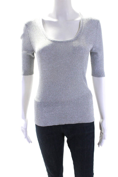 Michael Kors Collection Womens Silver Ribbed Knit Short Sleeve Blouse Top Size M