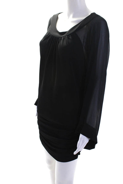 Shan Womens Black Scoop Neck Sheer Long Sleeve Ruched Bodycon Dress Size 8