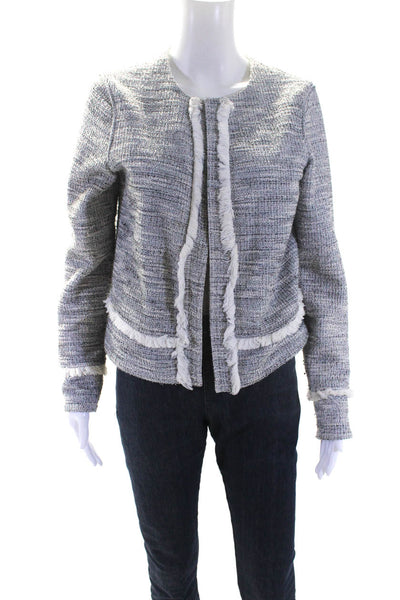 Club Monaco Womens Tweed Fringe Open Front Mid Length Jacket Gray Size M