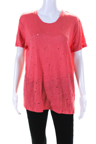 IRO Womens Clay Distressed Short Sleeve Top Tee Shirt Coral Pink Linen Small