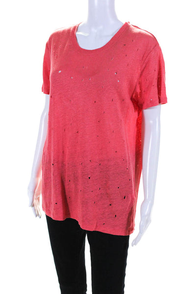 IRO Womens Clay Distressed Short Sleeve Top Tee Shirt Coral Pink Linen Small