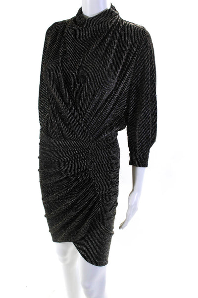 IRO Womens Half Sleeve Mock Neck Metallic Striped Ruched Dress Black Size FR 34