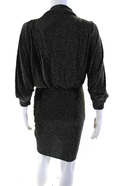 IRO Womens Half Sleeve Mock Neck Metallic Striped Ruched Dress Black Size FR 34
