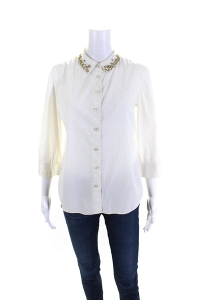 Kate Spade Womens Collar Embellish Short Sleeves Button Down Blouse White Size 2