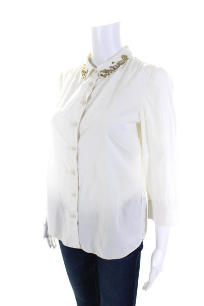 Kate Spade Womens Collar Embellish Short Sleeves Button Down Blouse White Size 2