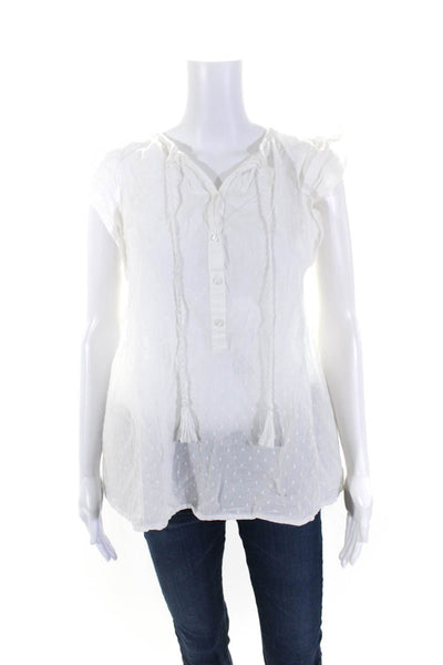 India Collection Womens Flutter Sleeve Tie Neck Swiss Dot Top Blouse White Small