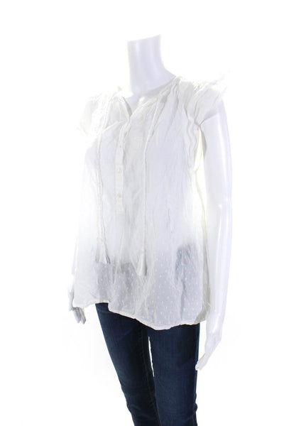 India Collection Womens Flutter Sleeve Tie Neck Swiss Dot Top Blouse White Small