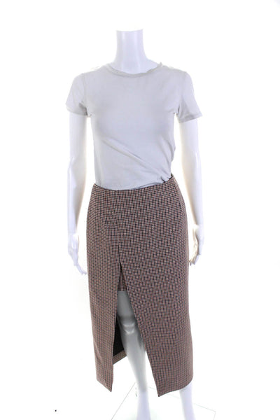 Maje Womens High Slit Woven Check Midi Pencil Skirt Brown Burgundy Size FR 36