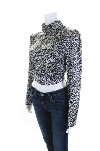 L'Academie Womens Leopard Print Satin Wrap Crop Top Blouse Black White Medium