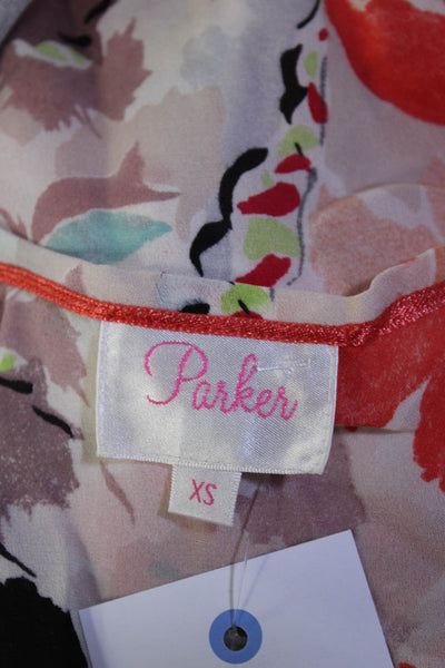 Parker Womens Silk Crepe Floral Print V-Neck Tie Front Blouse Top Beige Size XS