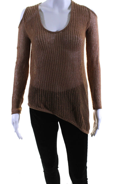Helmut Lang Womens Open Knit Sheer Wool Scoop Neck Sweater Top Brown Size P