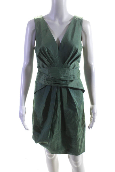 DKNY Womens Iridescent Pleated Waist Sleeveless V-Neck Sheath Dress Green Size 6