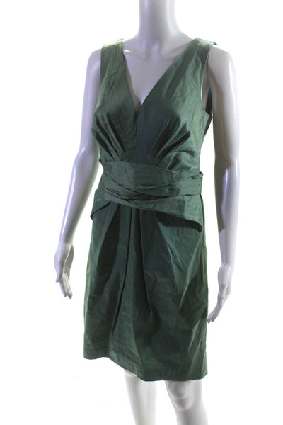 DKNY Womens Iridescent Pleated Waist Sleeveless V-Neck Sheath Dress Green Size 6