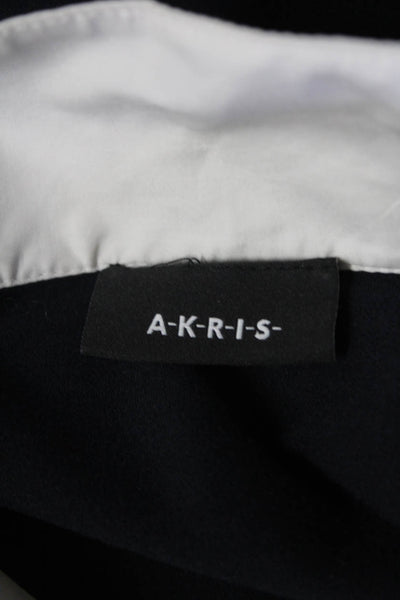 Akris Womens Silk Blend Crew Neck Polo Shirt Navy Blue White Size 14