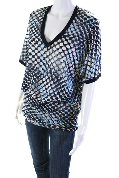 Shan Womens Geometric Print V Neck Short Sleeves Blouse Navy Blue White Size 6