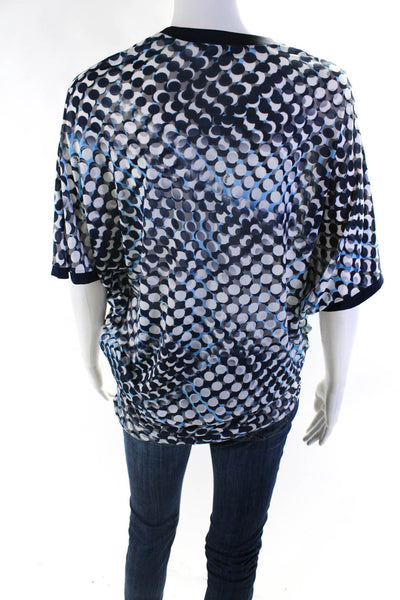 Shan Womens Geometric Print V Neck Short Sleeves Blouse Navy Blue White Size 6