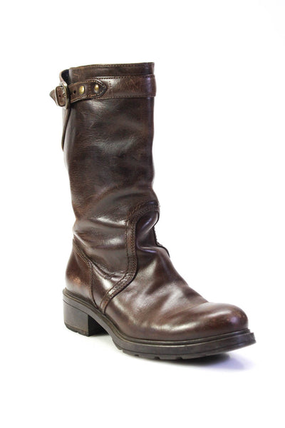 Hogan Womens Solid Brown Leather Buckle Detail Midi-Calf Boots Shoes Size 8