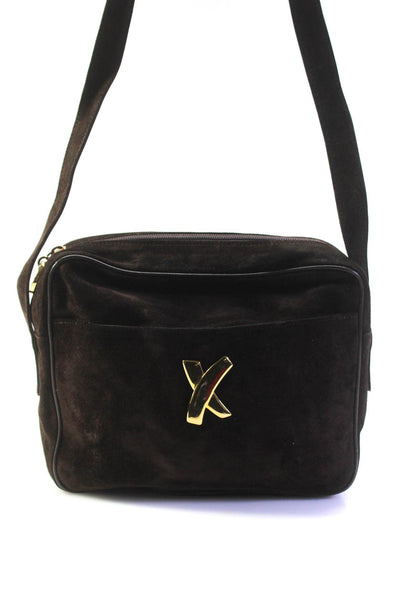 Paloma Picasso Suede X Emblem Top Zip Adjustable Strap Shoulder Handbag Brown