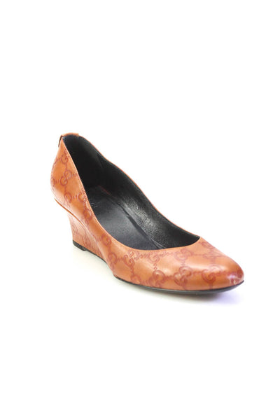 Gucci Womens Slip On Wedge Heel GG Pumps Brown Leather Size 36