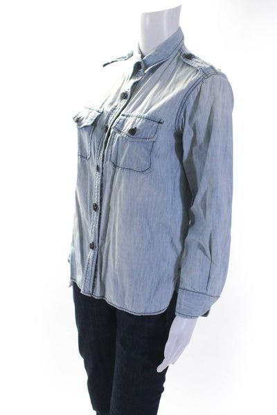 Current/Elliott Womens Sun Faded Chambray Button Down Shirt Blue Cotton Size 1