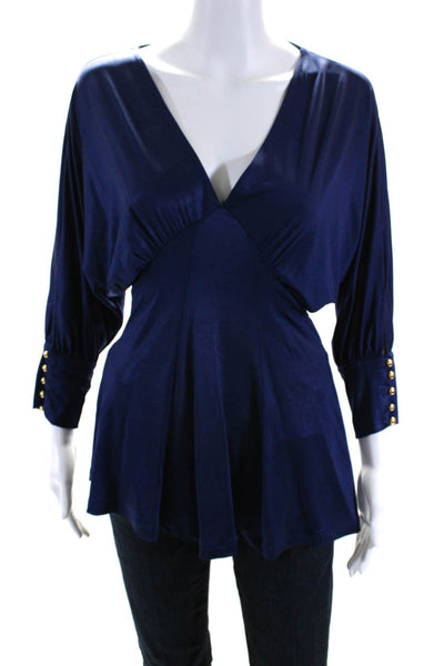 La Rok Womens Dolman Sleeve V Neck Stretch Tunic Blouse Navy Blue Size XS