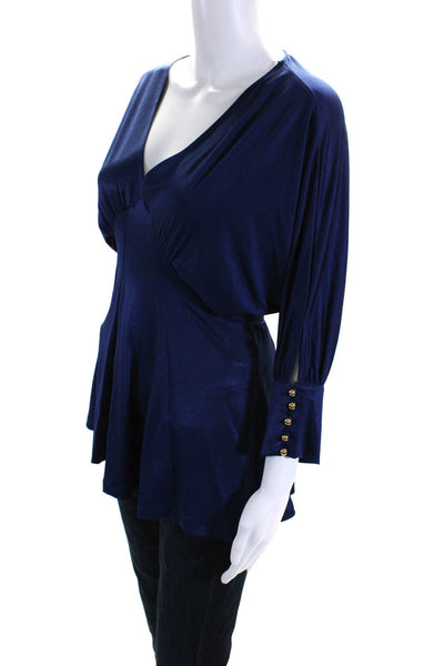 La Rok Womens Dolman Sleeve V Neck Stretch Tunic Blouse Navy Blue Size XS