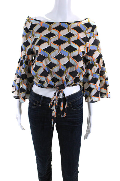 Milly Womens Bell Sleeve Geometric Crop Top Blouse Black Blue Orange Size Medium