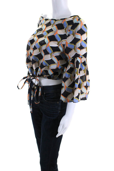Milly Womens Bell Sleeve Geometric Crop Top Blouse Black Blue Orange Size Medium