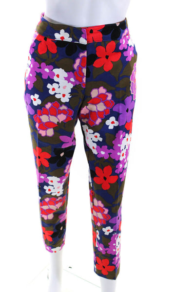 Trina Turk Womens Mid Rise Floral Slim Leg Pants Red Blue Purple Size 4