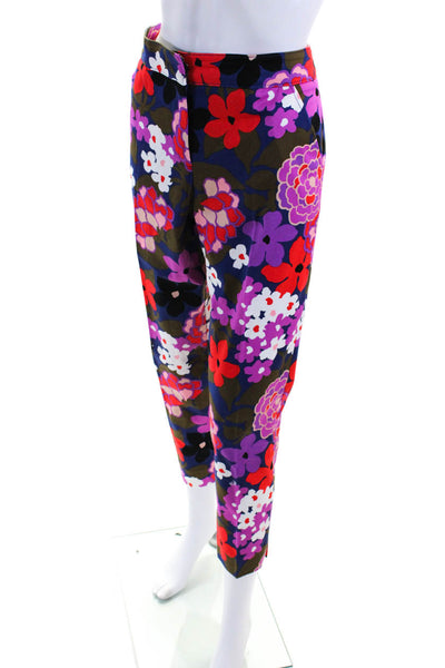 Trina Turk Womens Mid Rise Floral Slim Leg Pants Red Blue Purple Size 4