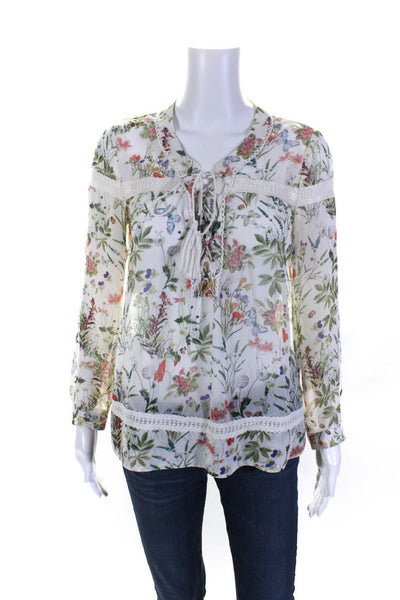 The Kooples Womens Long Sleeve Lace Trim V Neck Silk Floral Shirt White Size 2XS