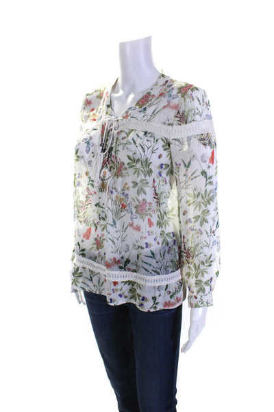 The Kooples Womens Long Sleeve Lace Trim V Neck Silk Floral Shirt White Size 2XS