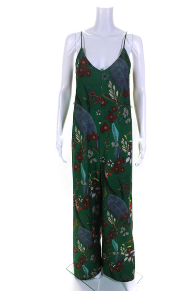 Zara Womens Spaghetti Strap V Neck Wide Leg Floral Jumpsuit Green Size Small